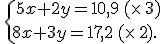 \,\{\,5x+2y=10,9\,(\times  \,3)\\8x+3y=17,2\,(\times  \,2).